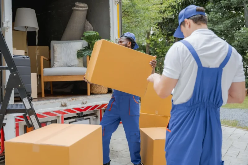 Two movers in blue uniforms loading cardboard boxes into the back of a moving truck.